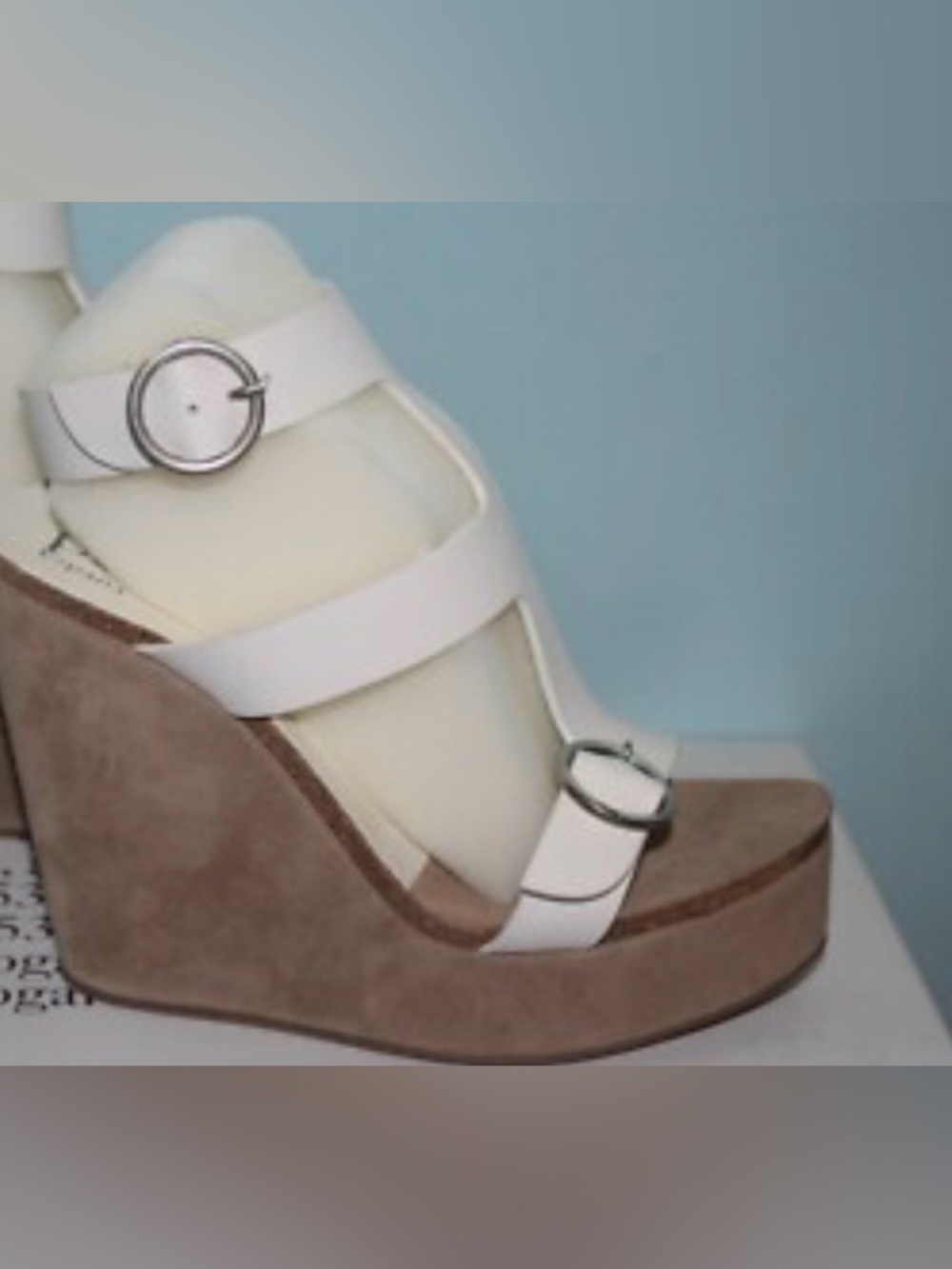 Pedro Garcia Cream Leather T and Ankle Strap Platform Wedge Sandal sz 6